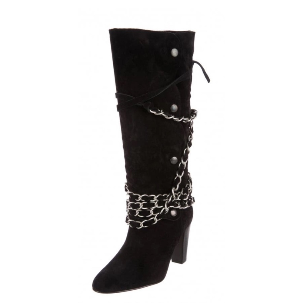 Black Suede Chain-Embellished Boots - Picture 5 of 9